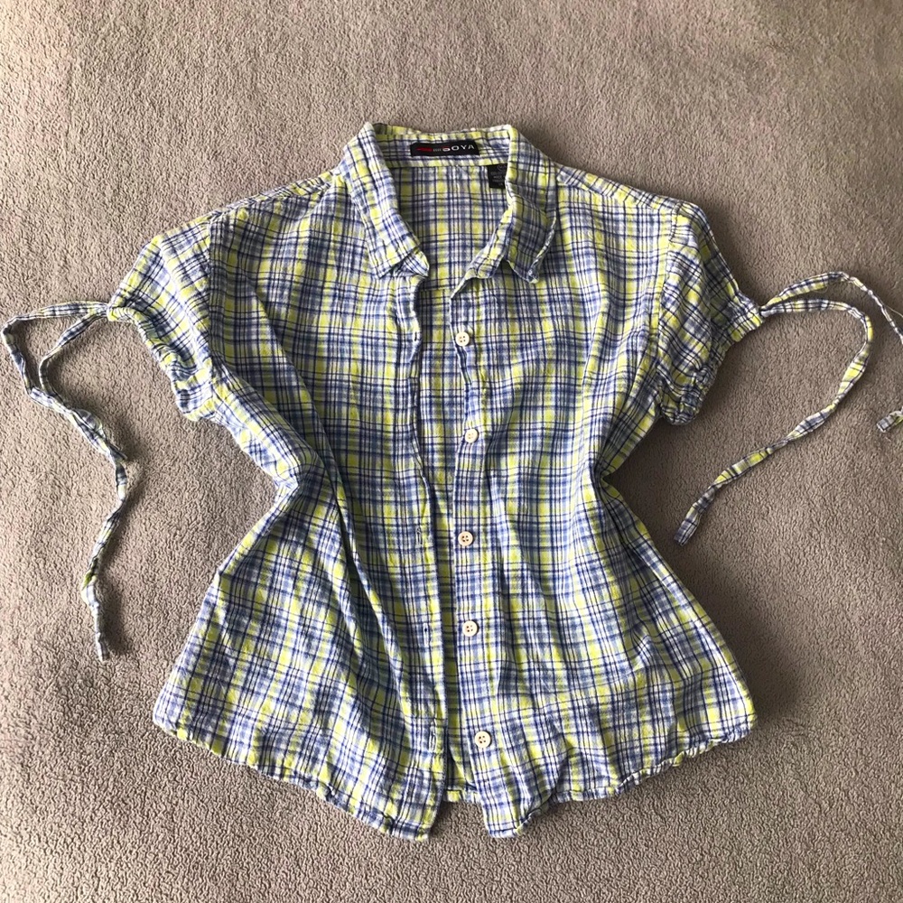 SOYA Plaid Button Up Short Sleeve Blouse